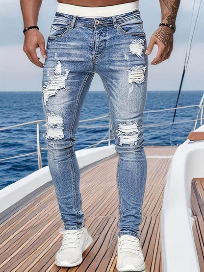 Men's Light Washed Blue Jeans - Casual Stretch Denim, Geometric Pattern - Buy Center US