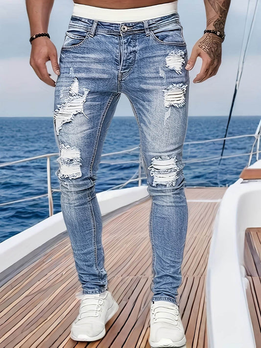 Men's Light Washed Blue Jeans - Casual Stretch Denim, Geometric Pattern - Buy Center US
