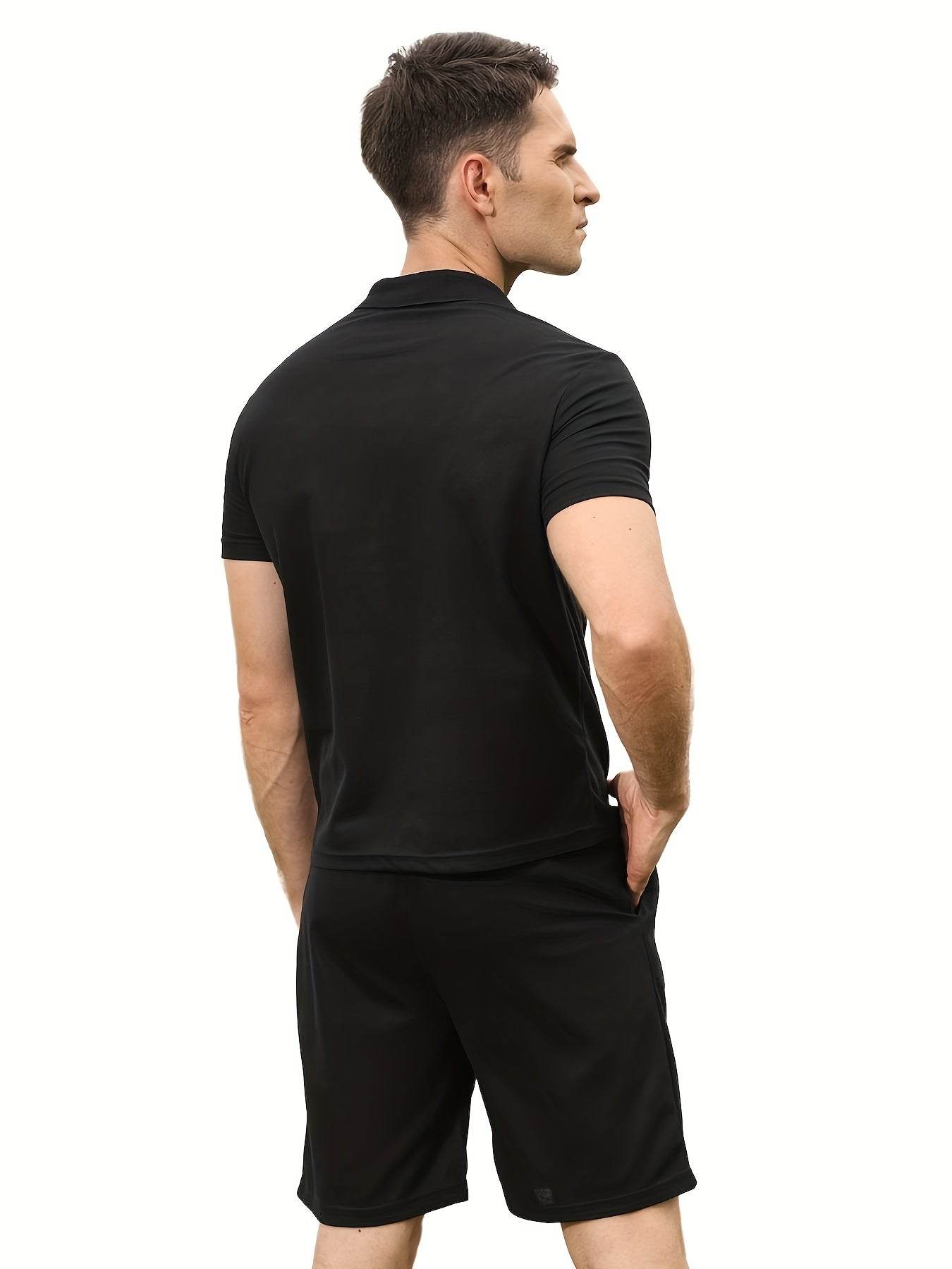 Men's 2-Piece Solid Color Sports Suit - Zip-Up Shirt & Drawstring Shorts - Buy Center US