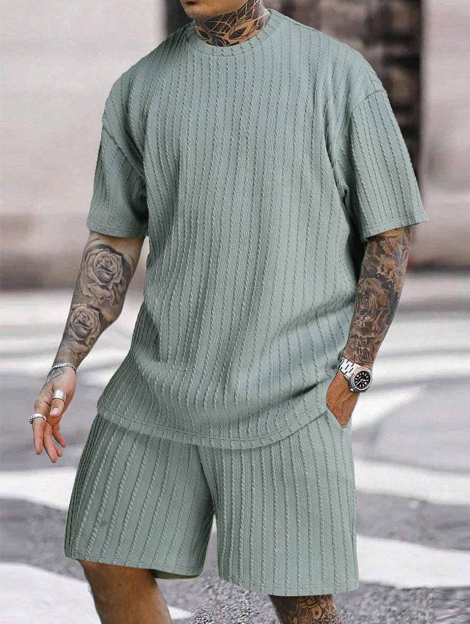 Buycenter Men's Sports Two-Piece Set - Solid Color Round Neck Shorts - Buy Center US