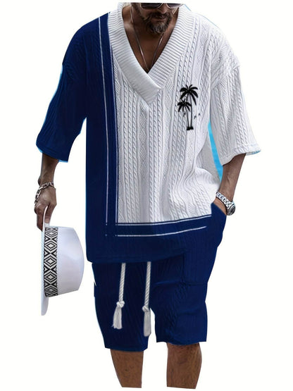 Star Flourish Jacquard T-shirt Set - Casual V-neck Short Sleeve Summer Style - Buy Center US