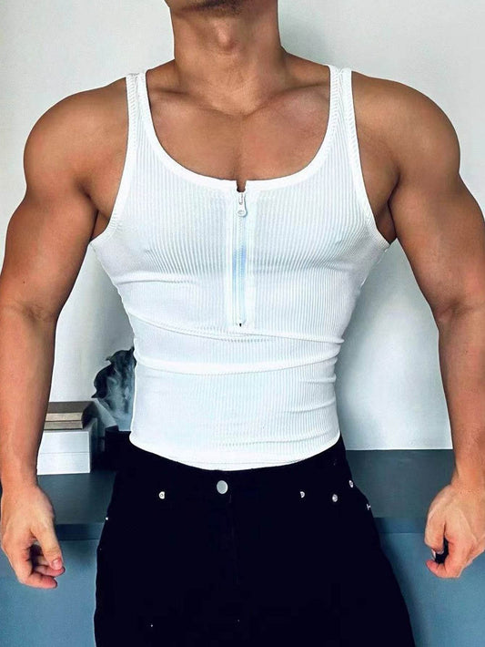 Men's Ribbed Zip-Up Tank Top - Breathable Activewear for Gym & Running - Buy Center US