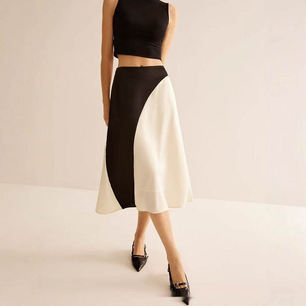 Color Contrast Patchwork Women's Skirt - Fresh Satin Asymmetric Design - Buy Center US