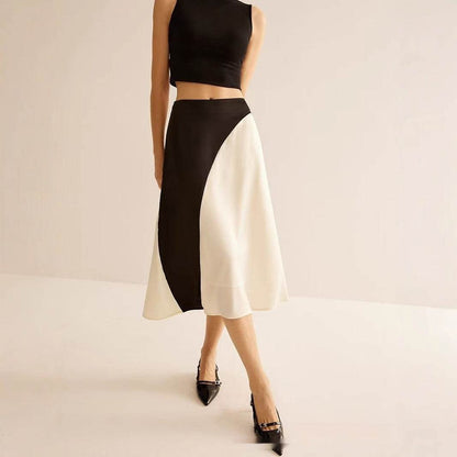Color Contrast Patchwork Women's Skirt - Fresh Satin Asymmetric Design - Buy Center US