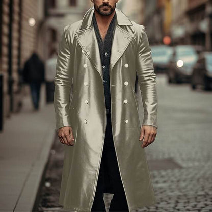 Buycenter Men's Double-Breasted Long Trench Coat - Leather Style & Sizes - Buy Center US