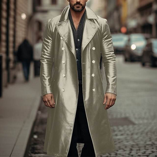 Buycenter Men's Double-Breasted Long Trench Coat - Leather Style & Sizes - Buy Center US