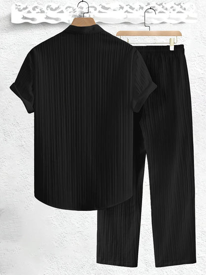 Men's Casual Summer Co-ord Set - Short Sleeve Shirt & Pants, Solid Color - Buy Center US