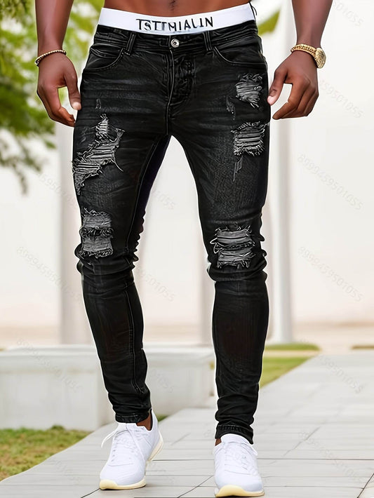 Men's Slim Fit Ripped Jeans - Distressed Medium Stretch Street Style - Buy Center US