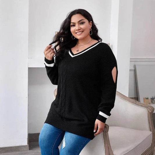 Women's Large Size V-Neck Sweater - Abstract Color Blocking Design - Buy Center US