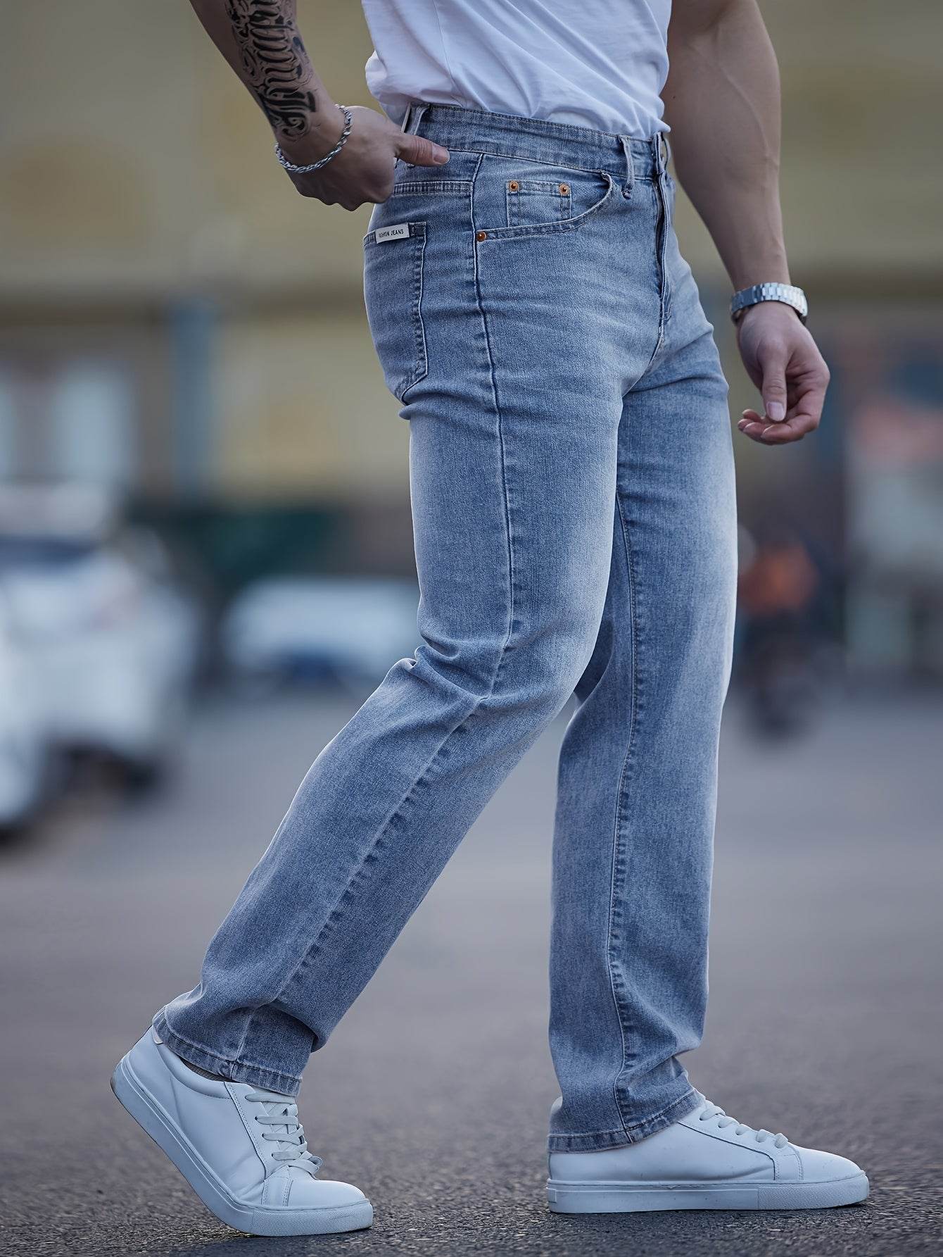 Men's Light Blue Washed Jeans - Embroidered, Relaxed Fit for Casual Style - Buy Center US