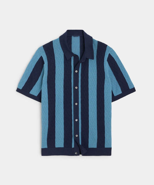 Men's Hollow Breathable Polo Shirt - Stylish Stripes in Blue, Sizes M-XXXL - Buy Center US