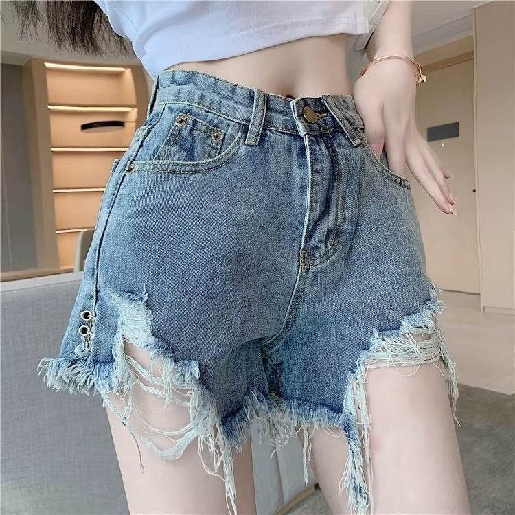 Vintage Denim Shorts - Micro Elastic High Waist with Frayed Design - Buy Center US