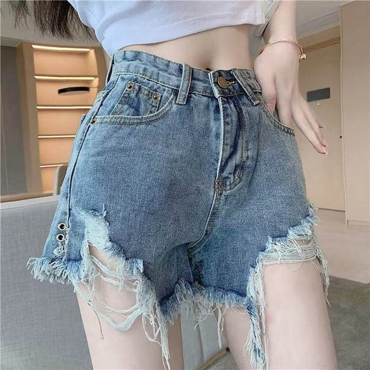 Vintage Denim Shorts - Micro Elastic High Waist with Frayed Design - Buy Center US