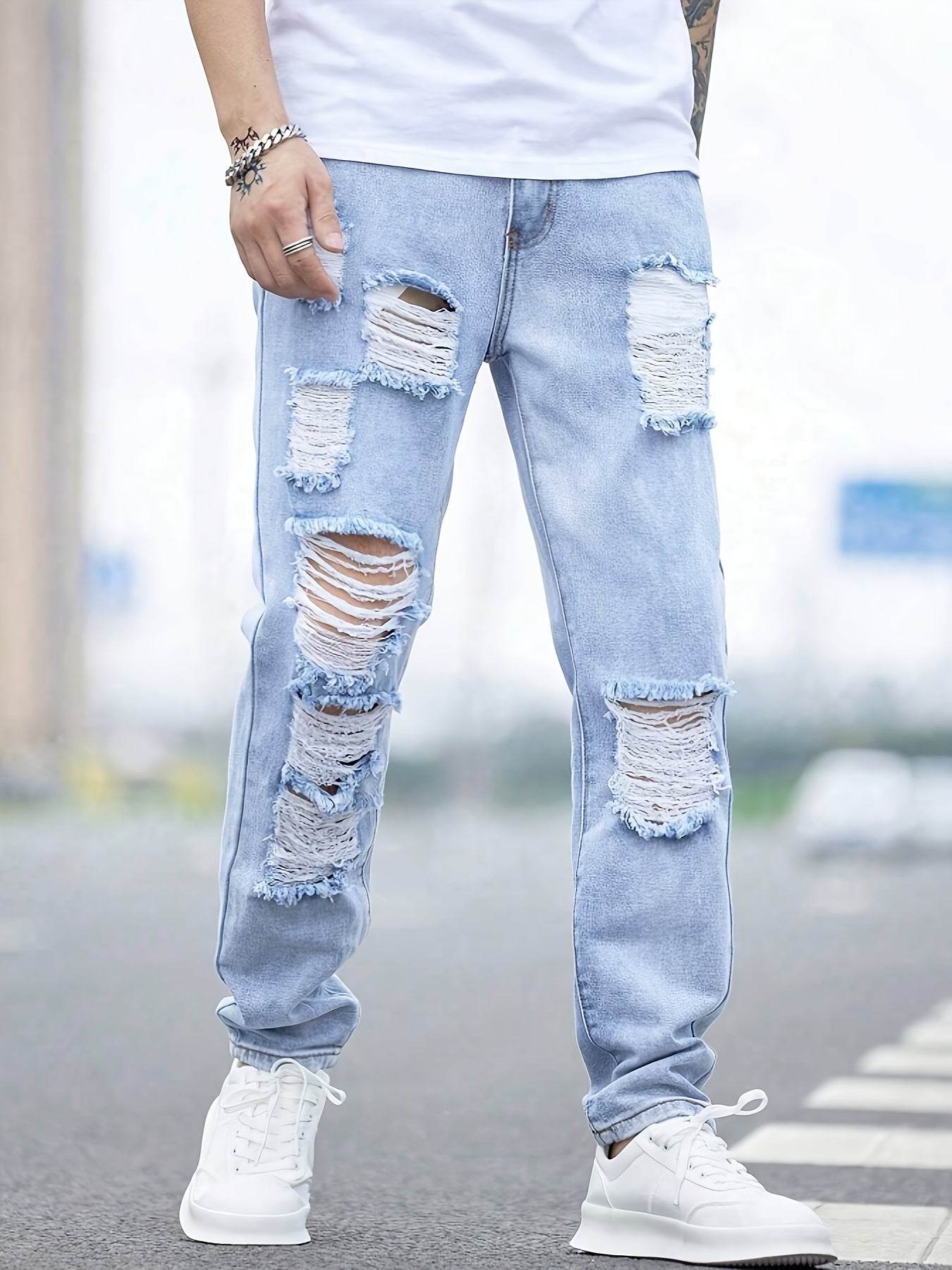 Men's Light Blue Distressed Denim Jeans - Casual Frayed Details, All-Season - Buy Center US