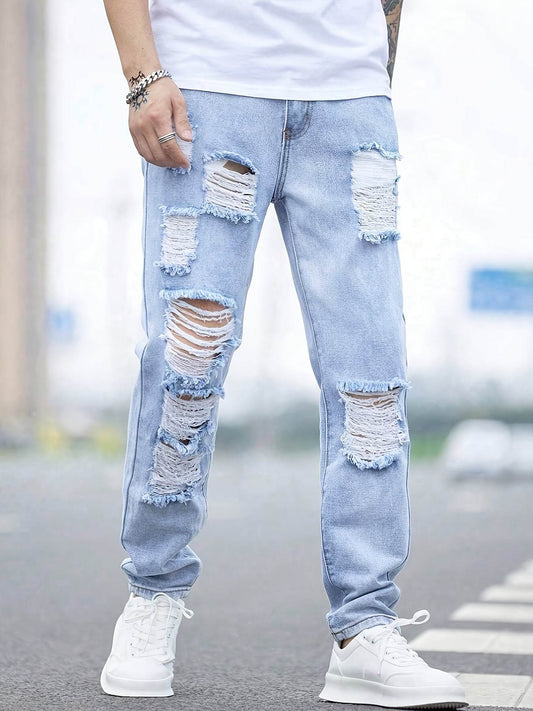 Men's Light Blue Distressed Denim Jeans - Casual Frayed Details, All-Season - Buy Center US