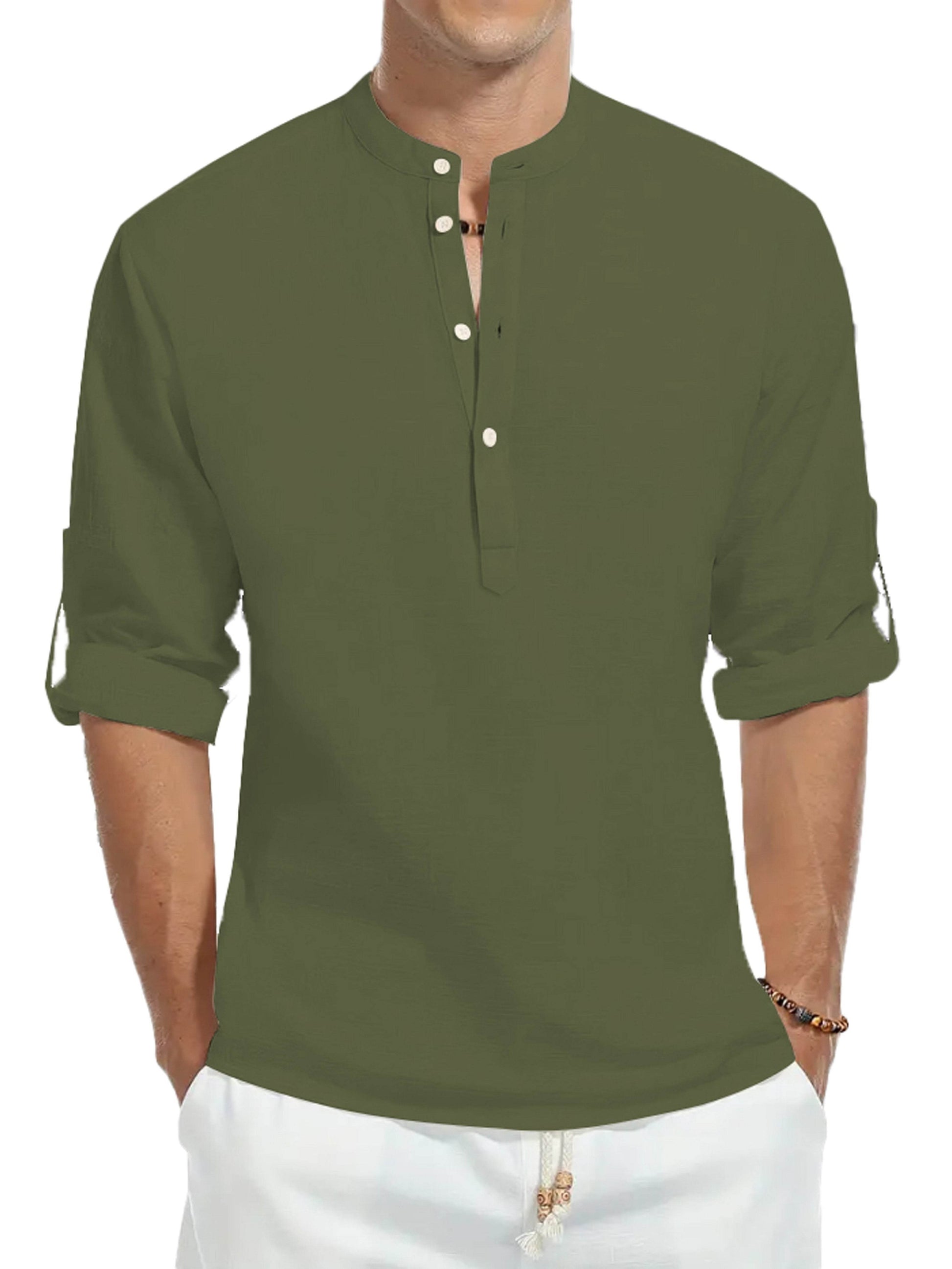 Men's 100% Cotton Long Sleeve Shirt - Casual Solid Color Stand Collar - Buy Center US