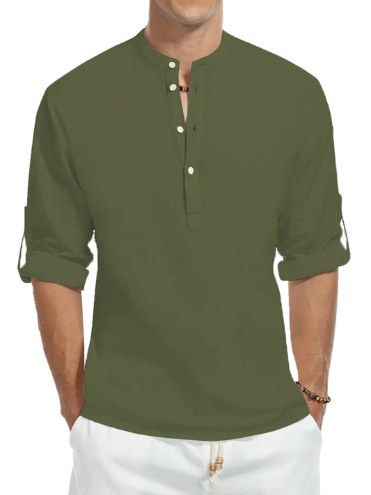 Men's 100% Cotton Long Sleeve Shirt - Casual Solid Color Stand Collar - Buy Center US