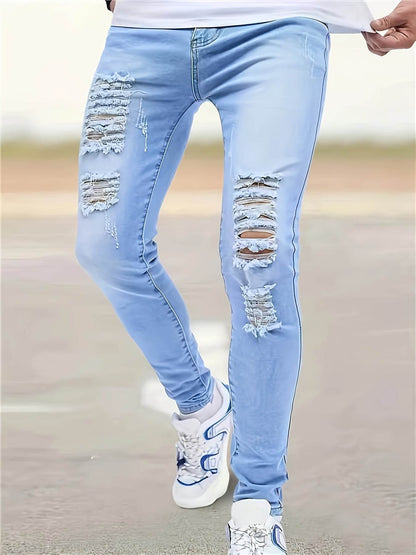 Men's Slim Fit Light Blue Washed Jeans - Stretch Denim for Spring/Fall - Buy Center US