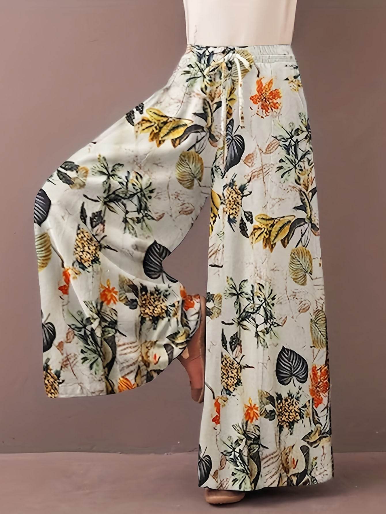Plus Size Botanical Print Wide Leg Pants - Casual, Loose Fit for Women - Buy Center US