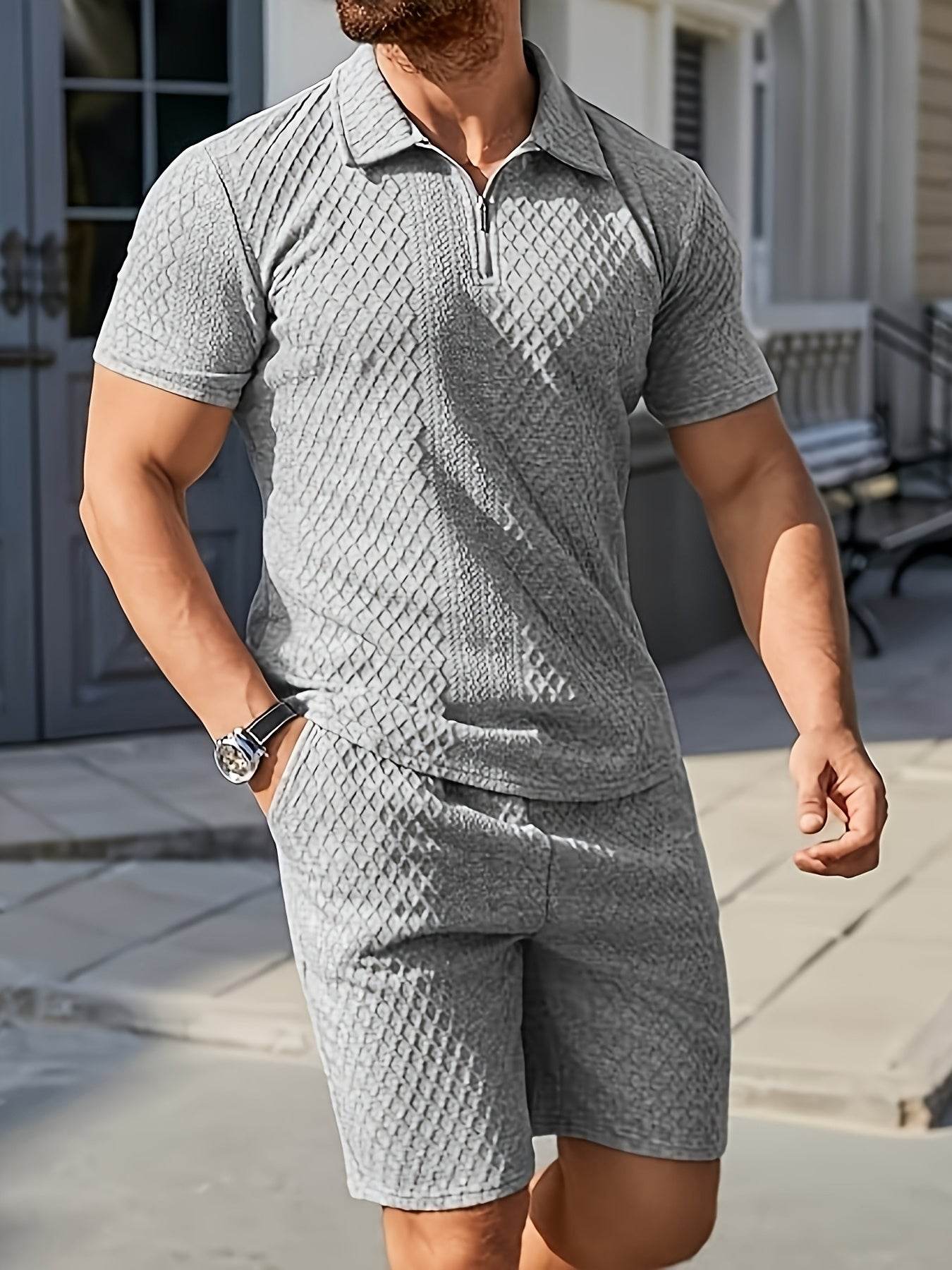 Men's Summer Jacquard Suit - Short Sleeve, Geometric Pattern, Regular Fit - Buy Center US