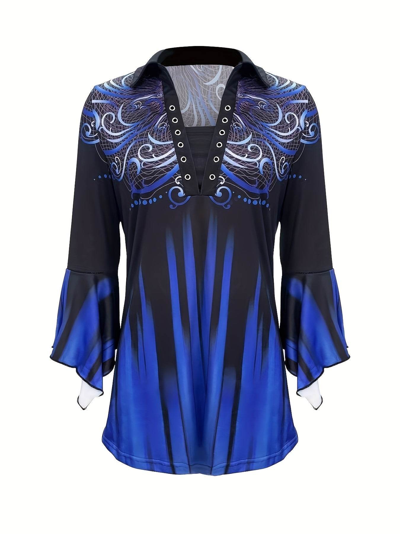 Stylish Blue Three-Quarter Sleeve T-Shirt with Irregular Cuff Button Design - Buy Center US