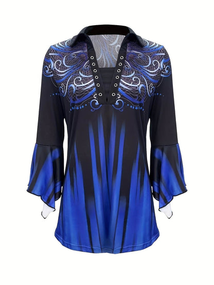 Stylish Blue Three-Quarter Sleeve T-Shirt with Irregular Cuff Button Design - Buy Center US