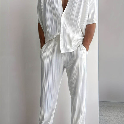 Men's Casual Two-Piece Set - V-Neck Button-Up Shirt & Drawstring Pants - Buy Center US
