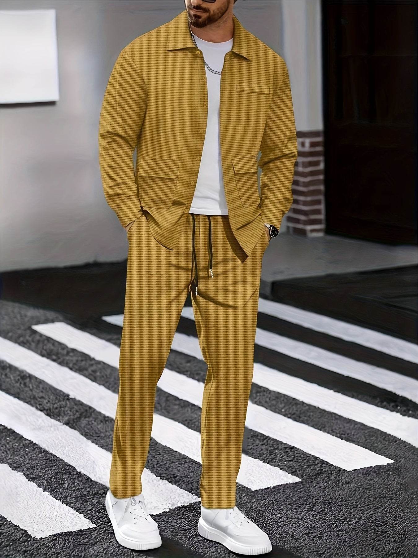 Men's Versatile Long-Sleeve Shirt & Jogger Set - 8 Shades for Every Occasion - Buy Center US