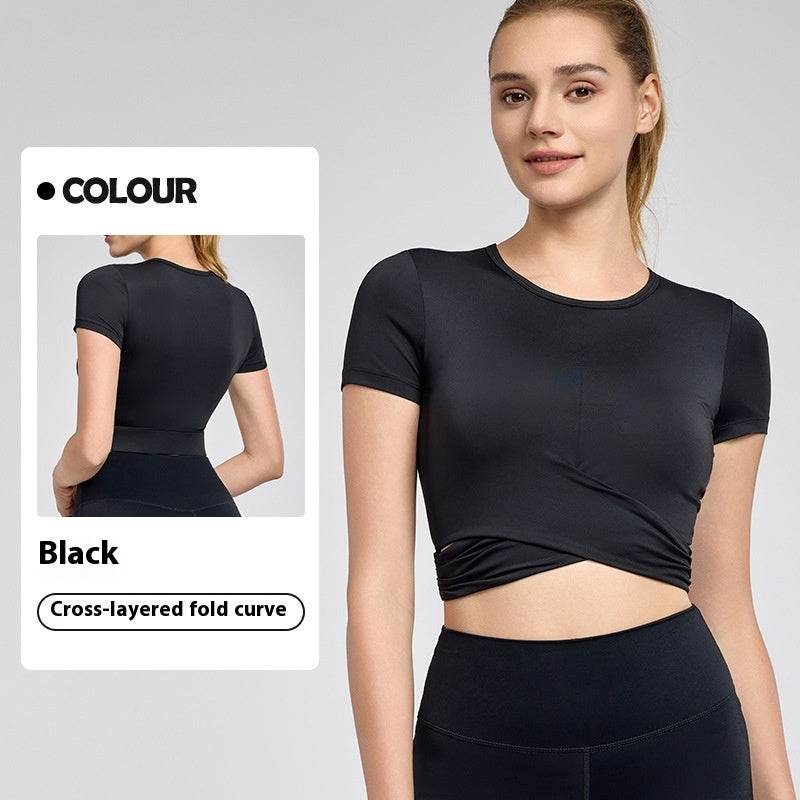 Short Sleeve Cross Pleated Yoga Top - Women's Activewear in Light Pink & Black - Buy Center US