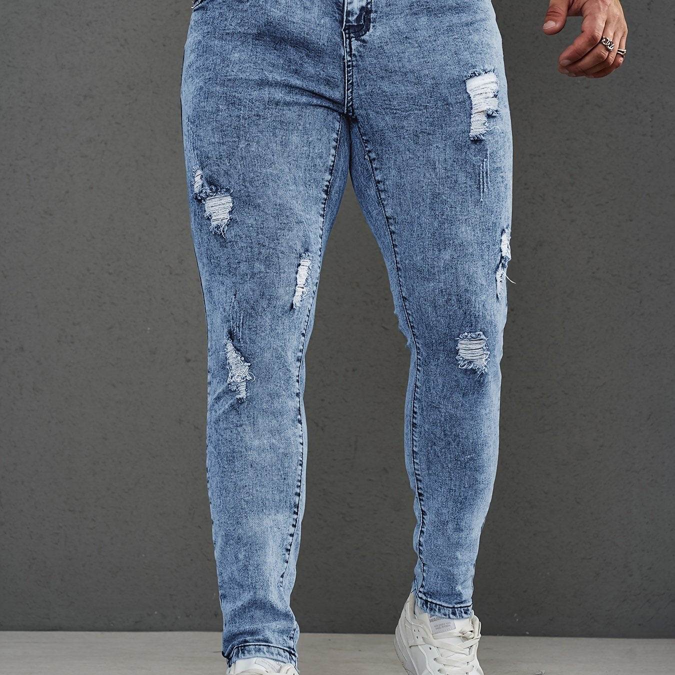 Men's Skinny-Fit Distressed Denim Jeans - Light Blue Ripped Casual Pants - Buy Center US