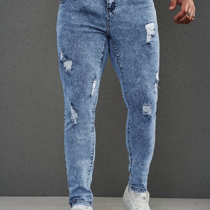 Men's Skinny-Fit Distressed Denim Jeans - Light Blue Ripped Casual Pants - Buy Center US