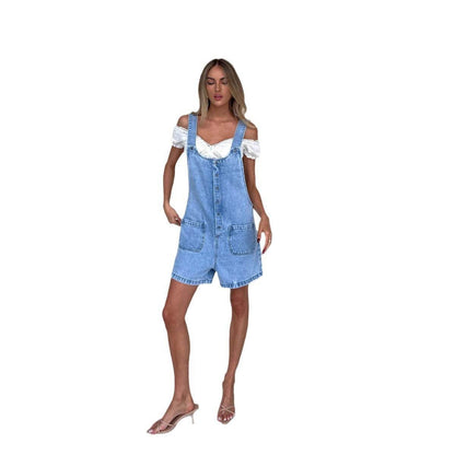Women's Slim Straight Suspender Trousers - Denim Blue One-Piece Style - Buy Center US