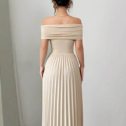 Women's Elegant A-Line Dress - Pleated French Style in Apricot - Buy Center US