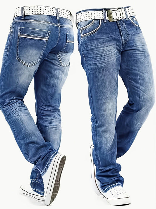 Men's Stretch Denim Jeans - Loose Fit, 63.7% Cotton, All-Season Comfort - Buy Center US