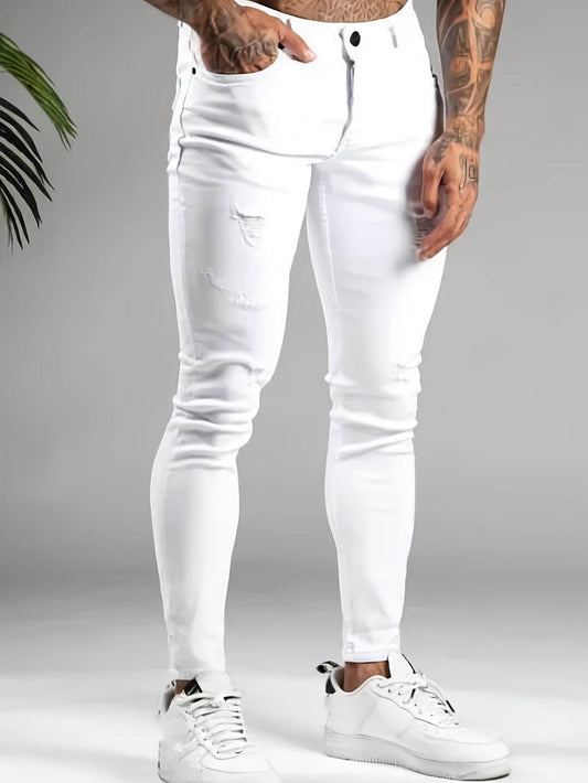 Men's Slim-Fit White Jeans - Ripped Stretch Denim for Casual Style - Buy Center US