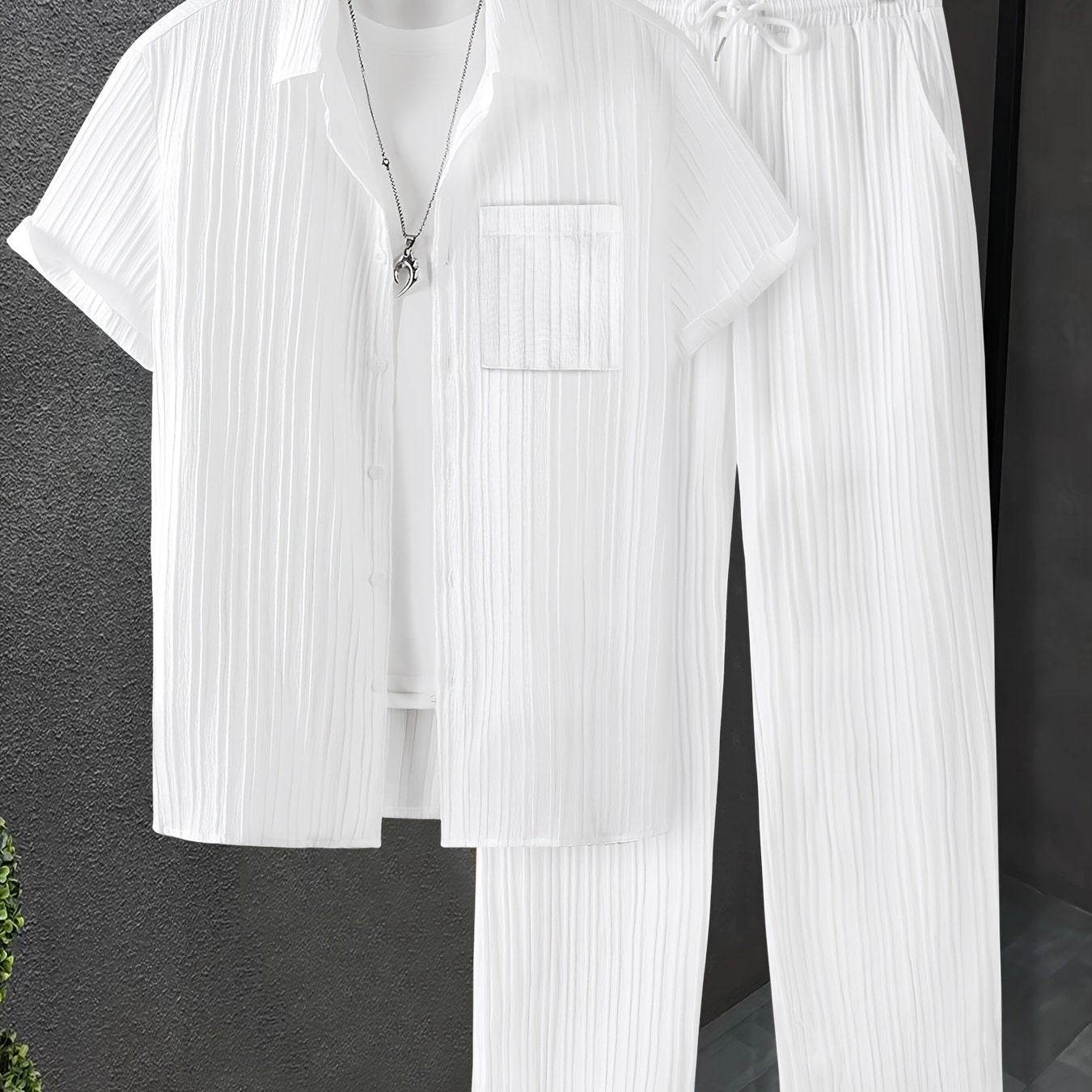 Men's Summer Striped Short Sleeve Shirt & Pants Set - Casual White Look - Buy Center US