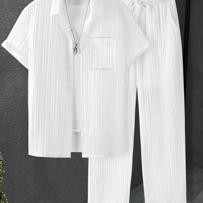 Men's Summer Striped Short Sleeve Shirt & Pants Set - Casual White Look - Buy Center US