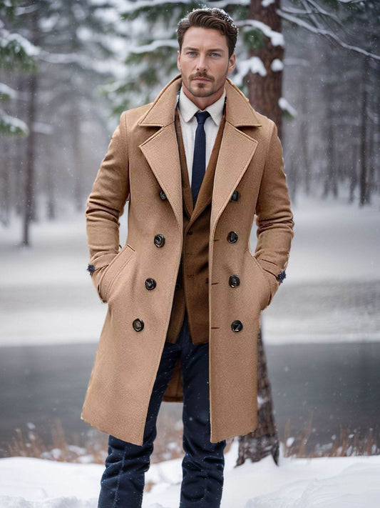 Buycenter Men's Slim-fit Woolen Coat - Double-Breasted Mid-Length Style - Buy Center US