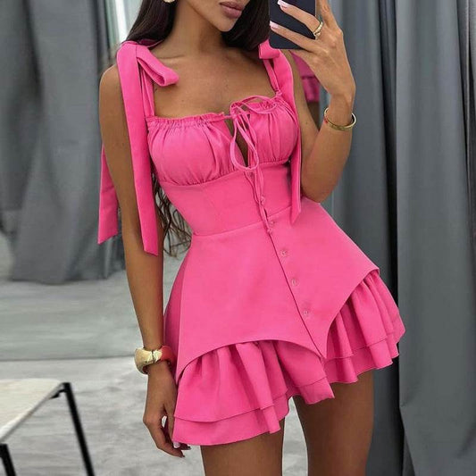Bow Tie Breasted Spaghetti-Strap Dress - Irregular A-Line Style - Buy Center US