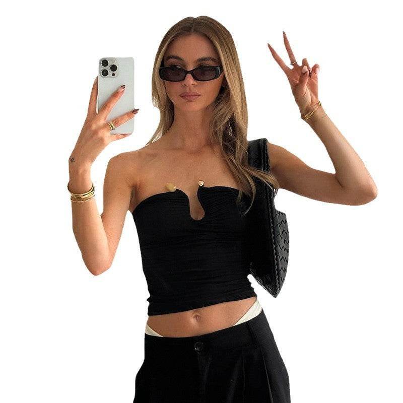 Solid Color Backless Pleated T-shirt - Slim Fit Sleeveless Top - Buy Center US