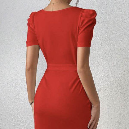 Women's Solid Color Notch V-Neck Waist Bag Dress - Casual Summer Style - Buy Center US