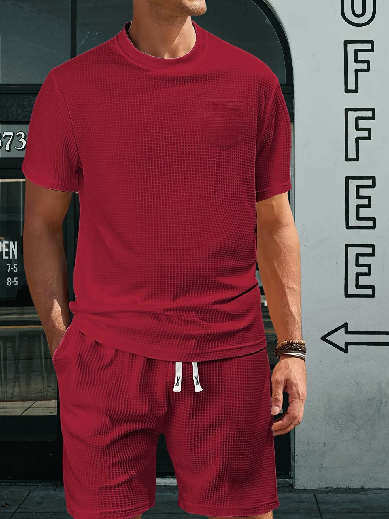 Casual Men's Sports Outfit - Waffle Henley T-Shirt & Stylish Beach Shorts - Buy Center US