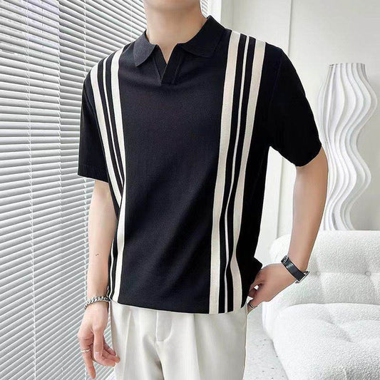 Men's Slim Lapel T-Shirt - Mixed Color Stripe for Summer Style - Buy Center US