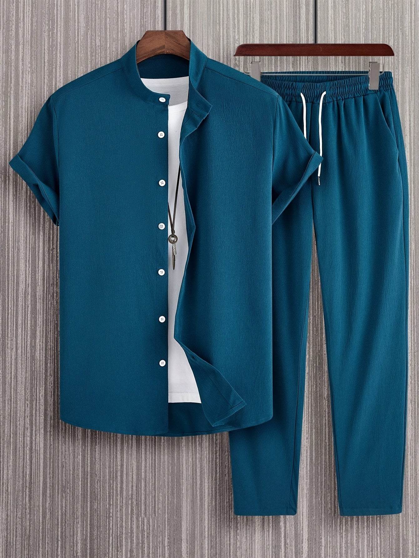 Stylish Men’s Solid Color Casual Shirt & Trouser Set - Perfect for Outings - Buy Center US