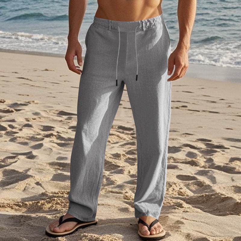 Men's Casual Solid Color Cotton Linen Trousers - Drawstring & Straight-Leg - Buy Center US