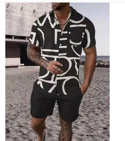 Buycenter Men’s Black and White Striped Hawaiian Shirt Set - Casual Summer Wear - Buy Center US