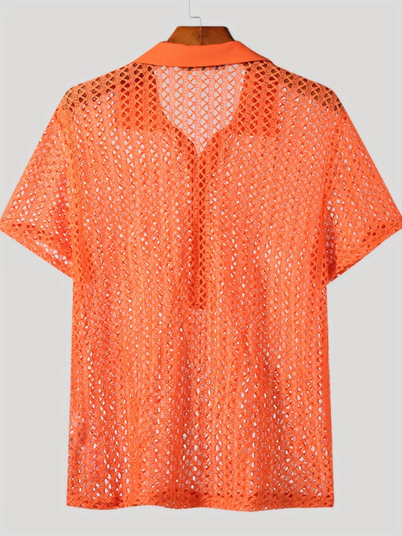 INCERUN Men's Bright Orange Mesh Shirt - Sheer Short Sleeve Collared Top - Buy Center US