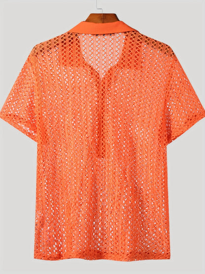 INCERUN Men's Bright Orange Mesh Shirt - Sheer Short Sleeve Collared Top - Buy Center US