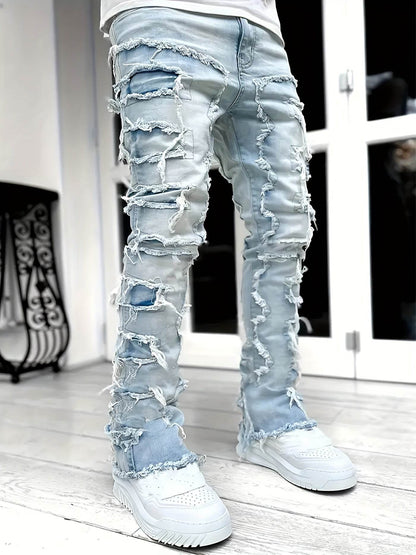 Y2K Hip Hop Style Men's Raw Trim Jeans - Slim Fit Stretch Denim - Buy Center US