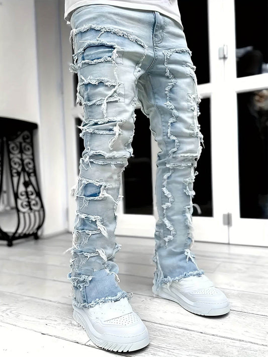 Y2K Hip Hop Style Men's Raw Trim Jeans - Slim Fit Stretch Denim - Buy Center US
